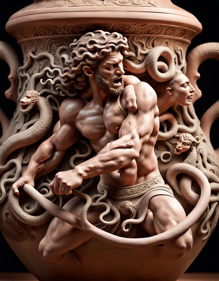 Hercules and Medusa: Clay Amphora Art