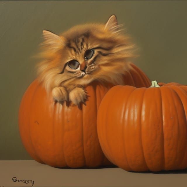 Pumpkin Cat Oil Painting in Fantasy Art Style