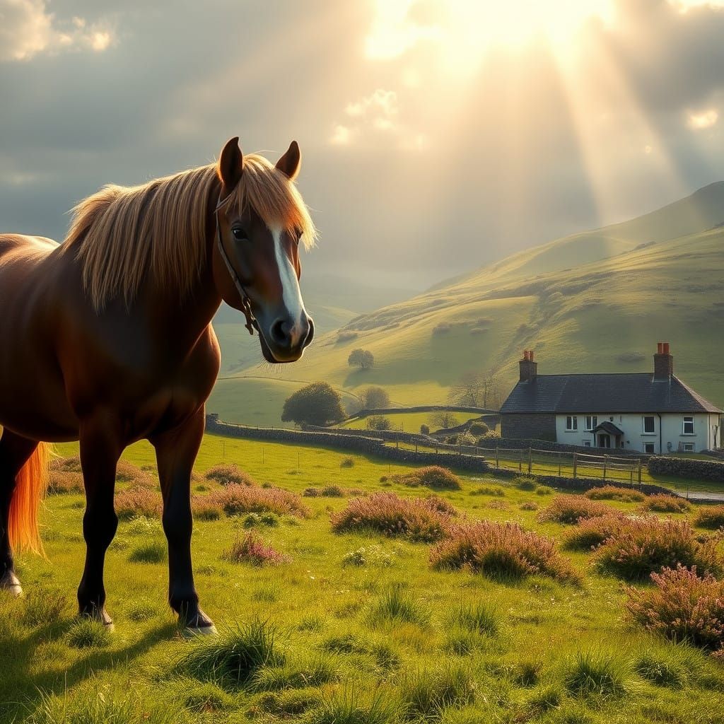 Peaceful Shire Horse Grazes in Emerald Green Meadown near Sc...