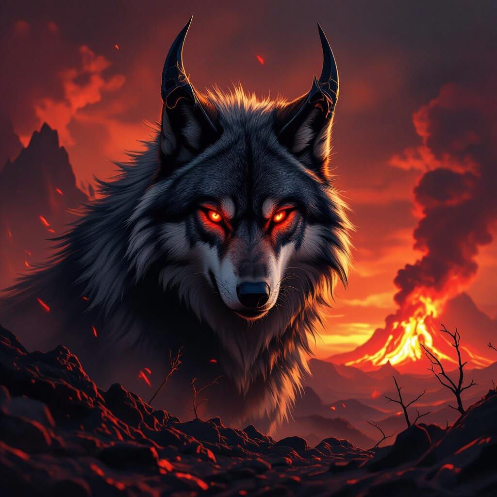 Majestic Wolf-Demon in Fiery Landscape - Dark Fantasy Art