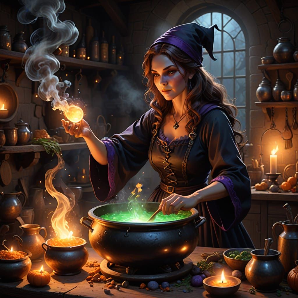Witch Stirring Magical Potion in Candlelit Kitchen