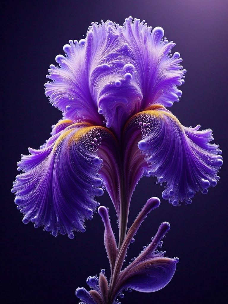 Surreal Purple Iris with Dew Bubbles and Tunnel Effect