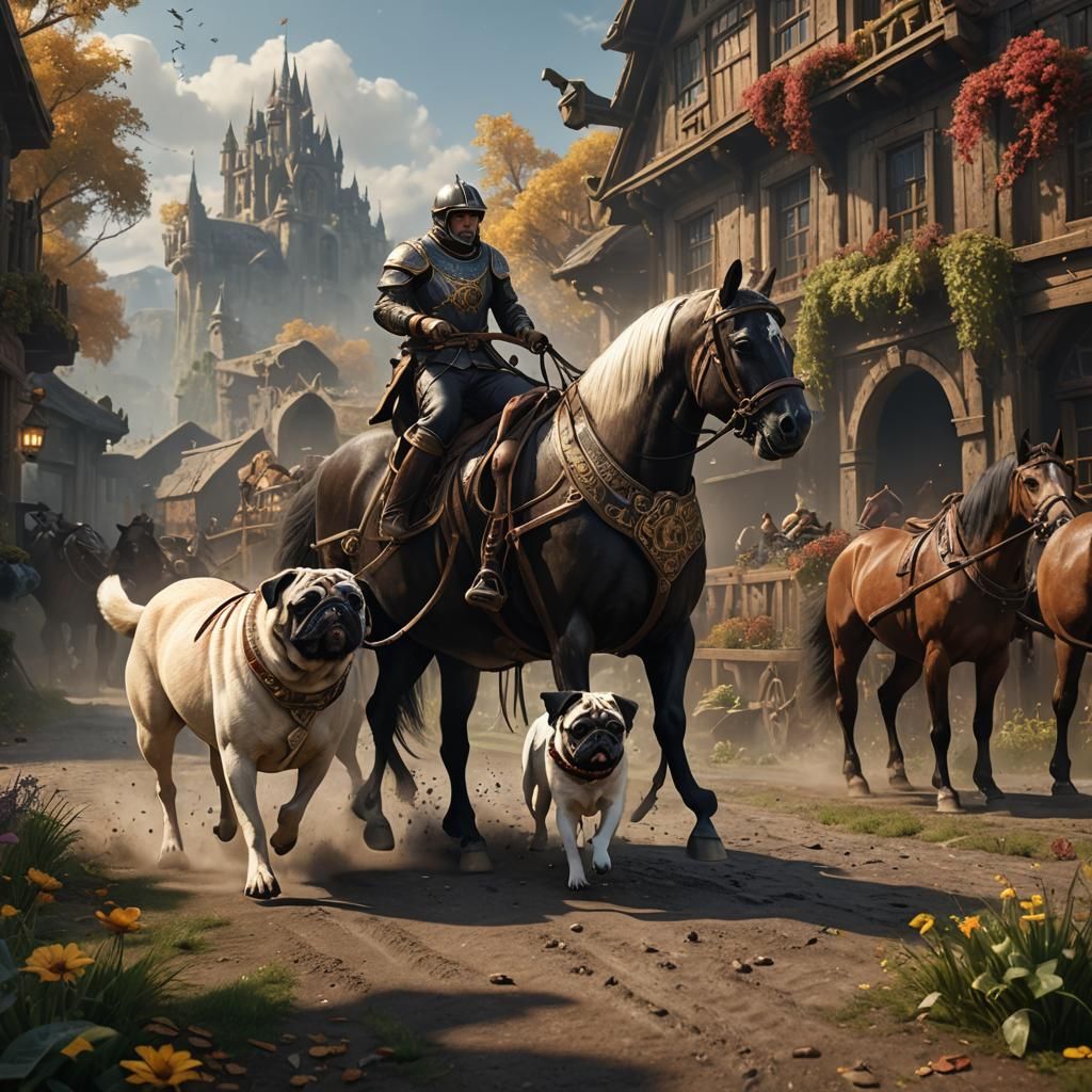 Pug Pulling Horse: Fantastical Digital Art