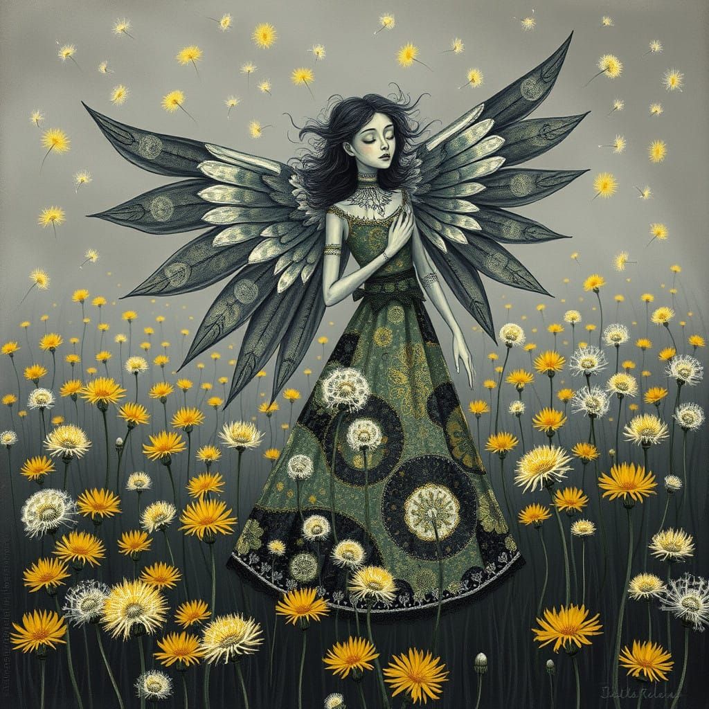 Dreamlike Winged Dandelion Queen in Whimsical, Folk-Art Insp...