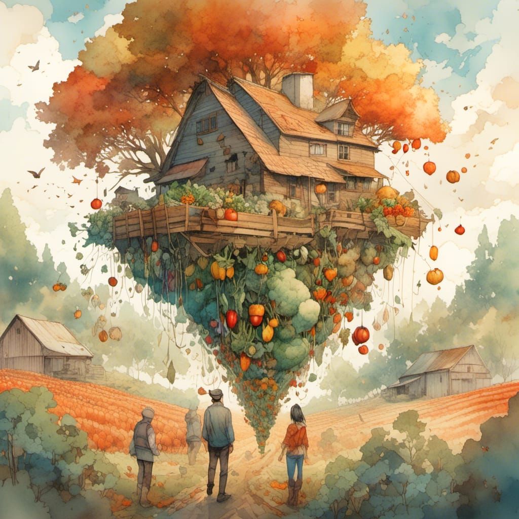 Happy Farm Family in Autumn Watercolor Landscape