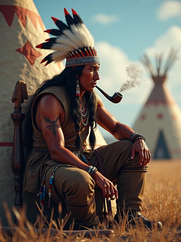 American Indian Smoking Pipe Near Teepee