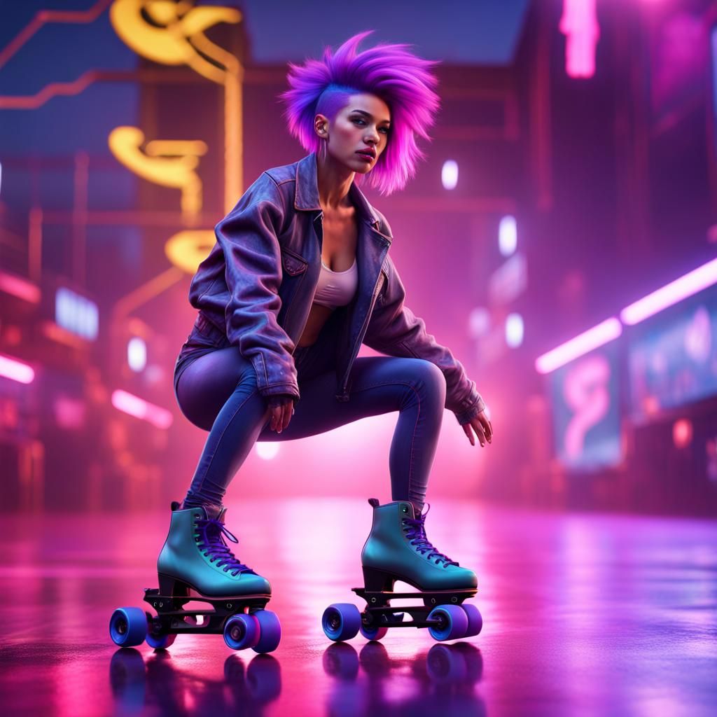 Neon Punk Roller Skating Woman: Detailed Digital Art