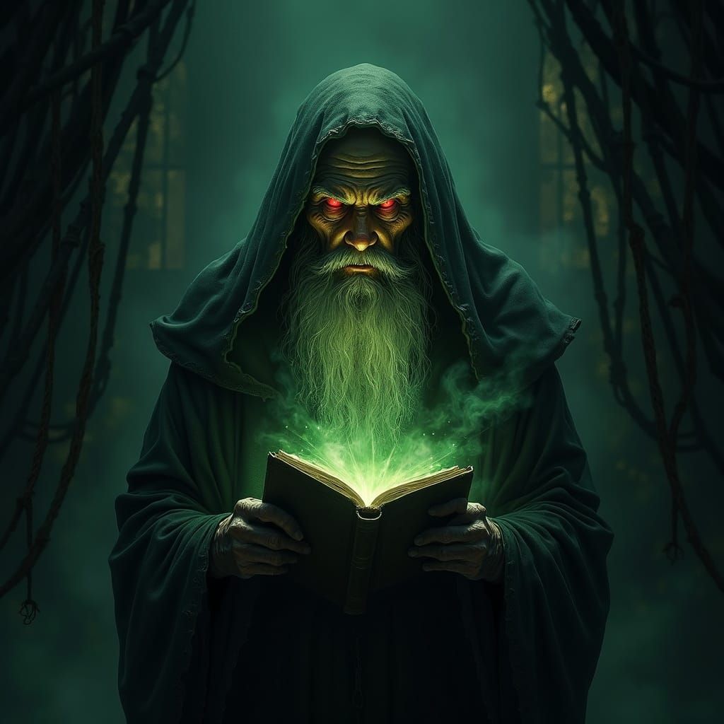 Ancient Wizard With Glowing Eyes in Dark Tower