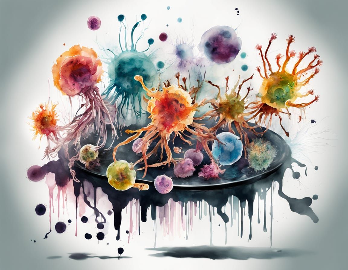 Silly Microbes Mutating in Petri Dish Watercolor Splash Art