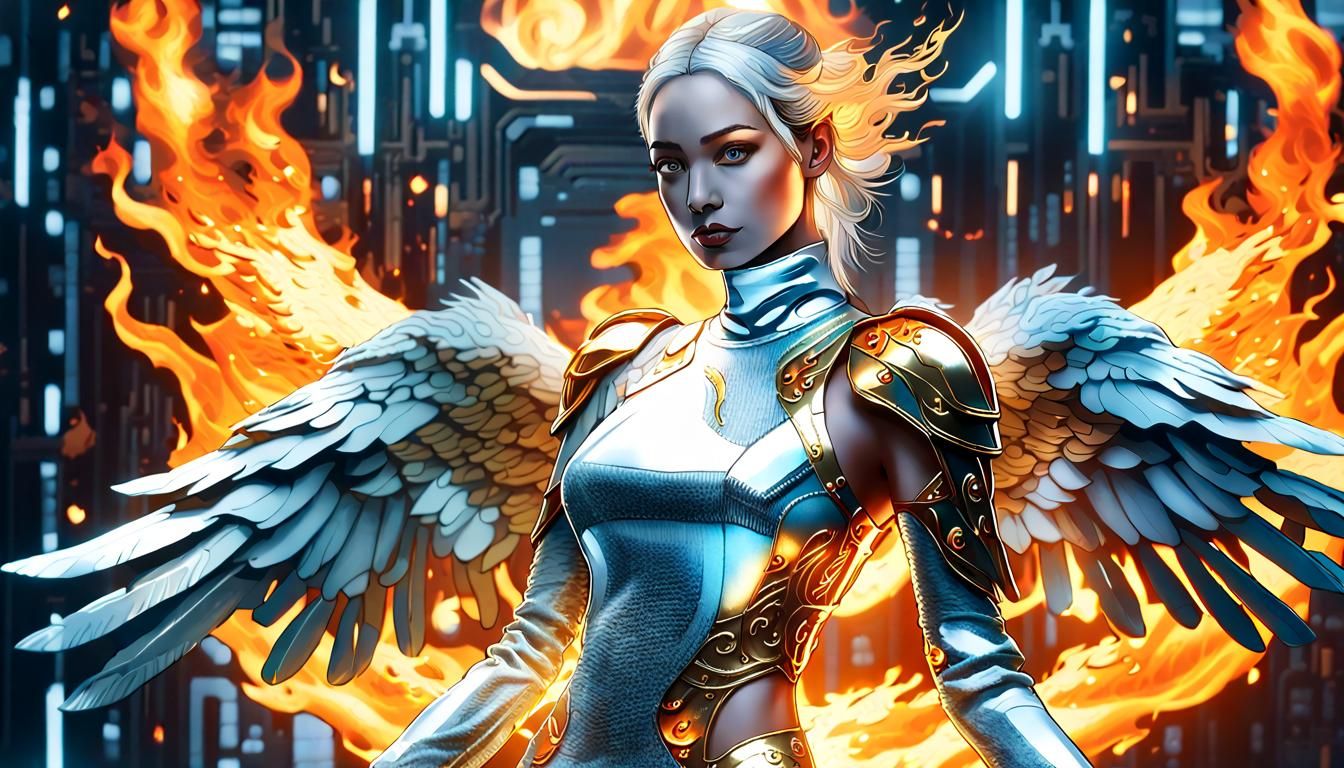 In a mesmerizing contrast of futuristic cybernetic beauty, a mythical woman with full body curves is captured, her shoul...