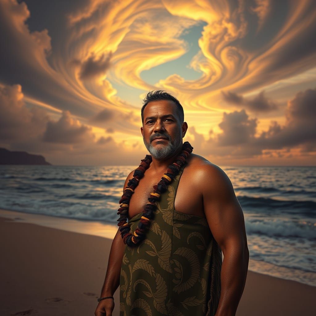 Pacific Islander Man in Dreamlike Beach Scene, Inspired by S...