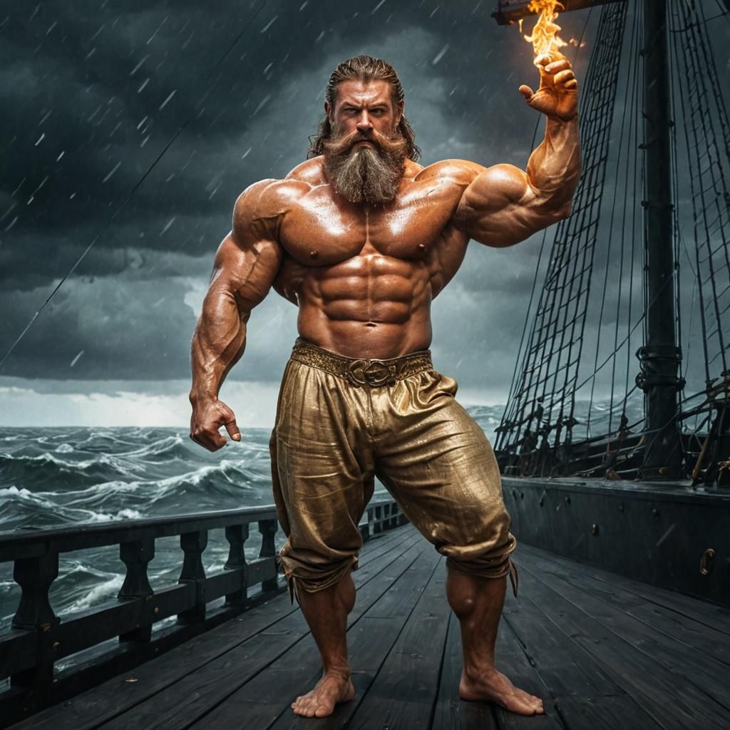 Majestic Bodybuilder Commands Storm on Ship
