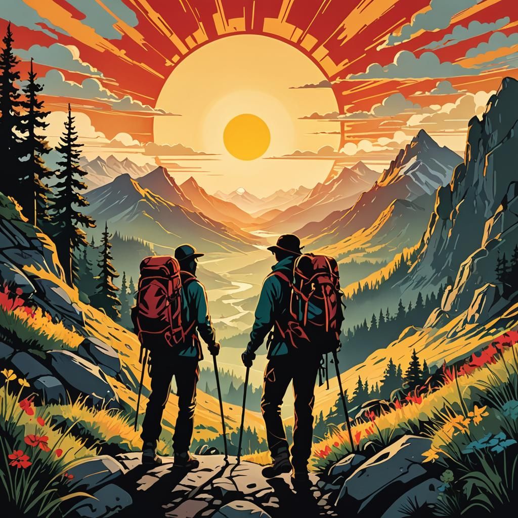 Retro Nature Adventure with Hiker Silhouette