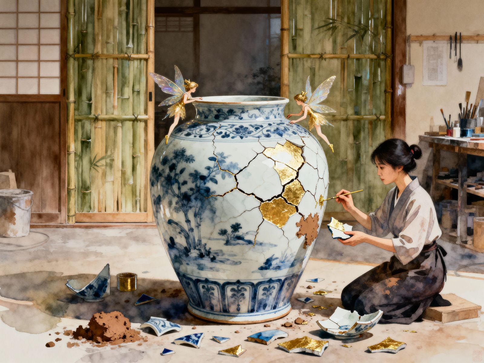 Fairies Repair Ming Vase with Gold Leaf in Japanese Workshop
