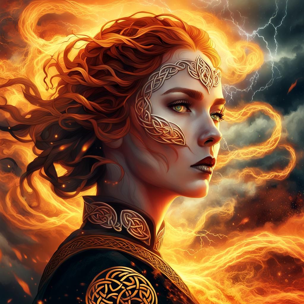 Celtic Fire Goddess Portrait with Lightning Accents