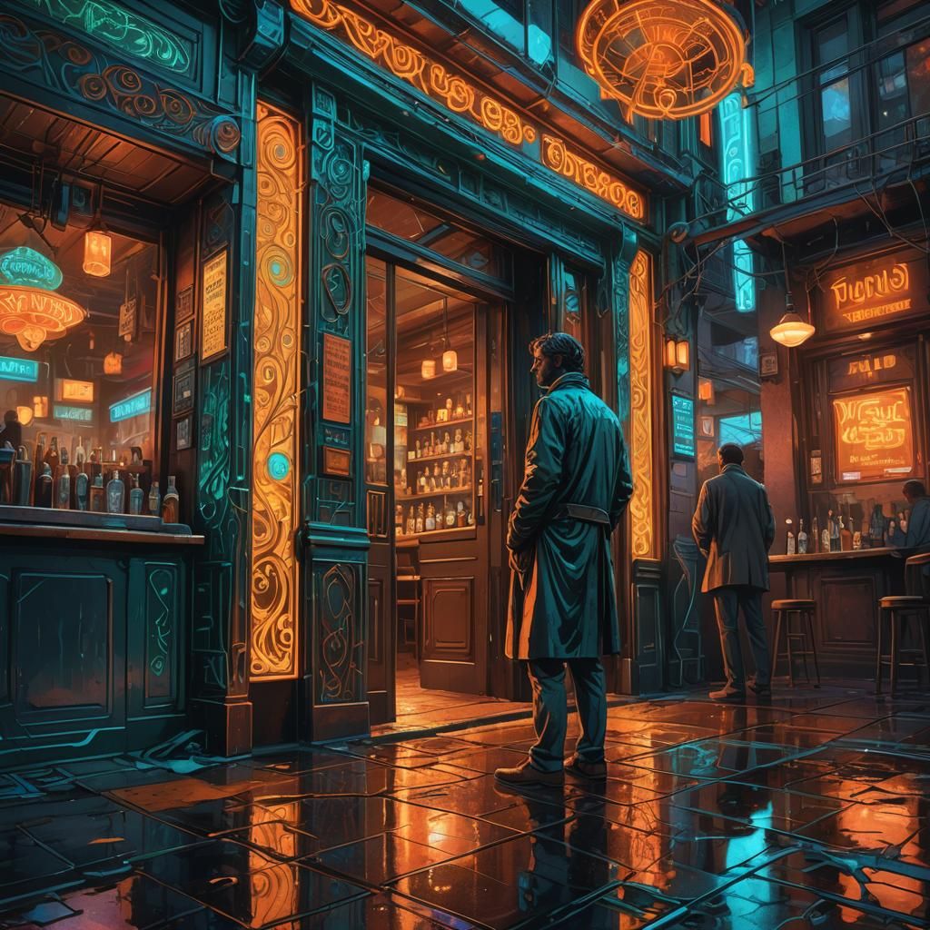 Bar Host in Art Nouveau Cyberpunk Style