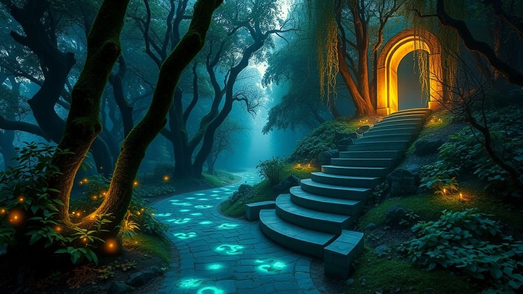 Surreal Pathway Through Enchanted Forest in Ethereal Hues