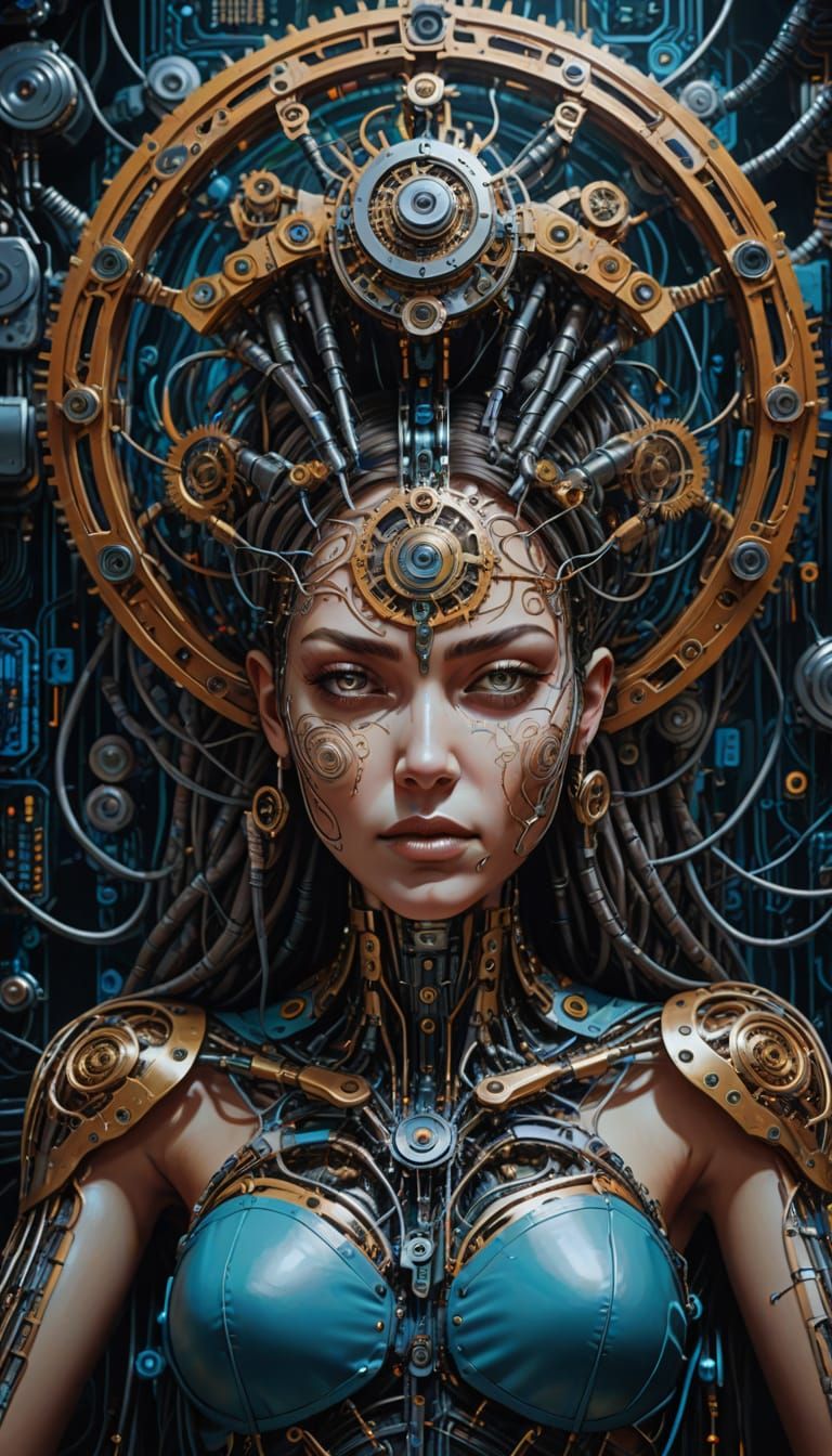 Biomechanical Goddess on Circuit Board Throne