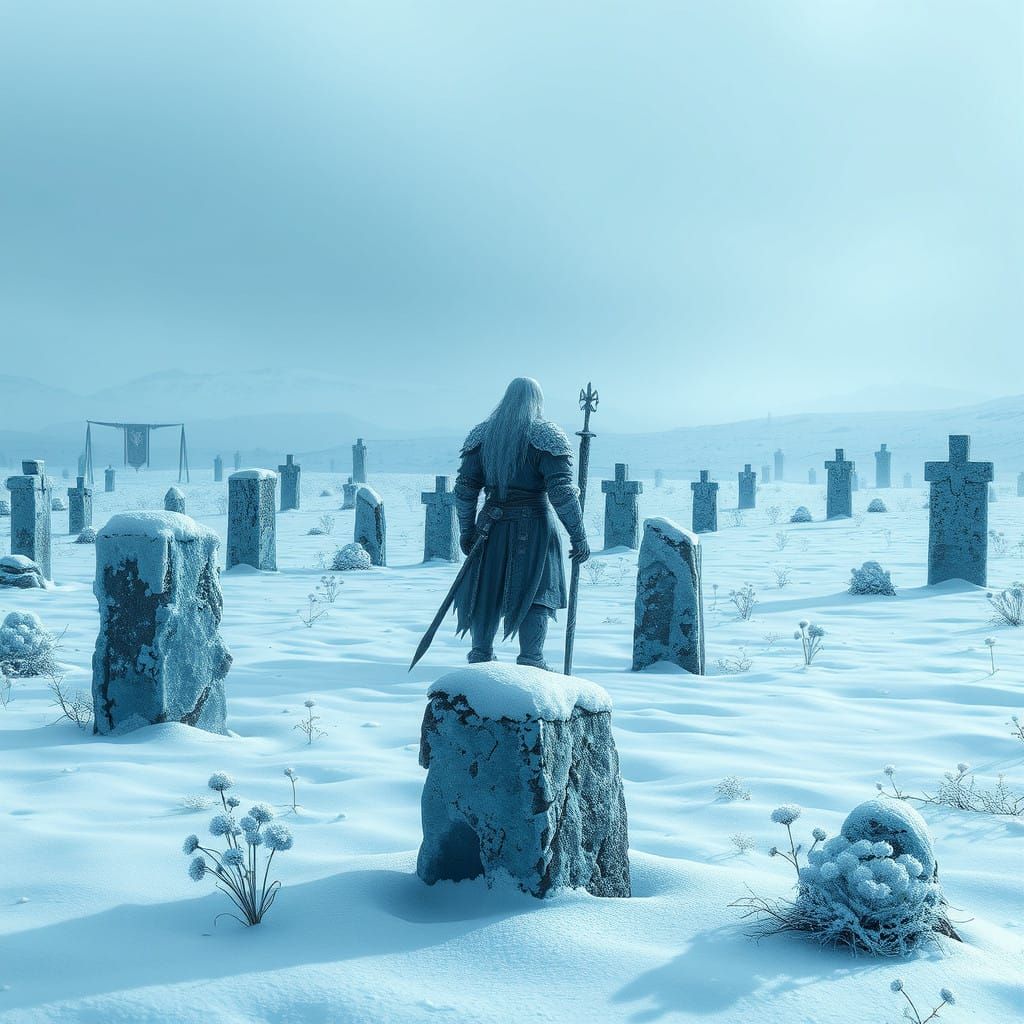 Ethereal Vigilance in a Snow-Covered Graveyard in Cyberpunk....