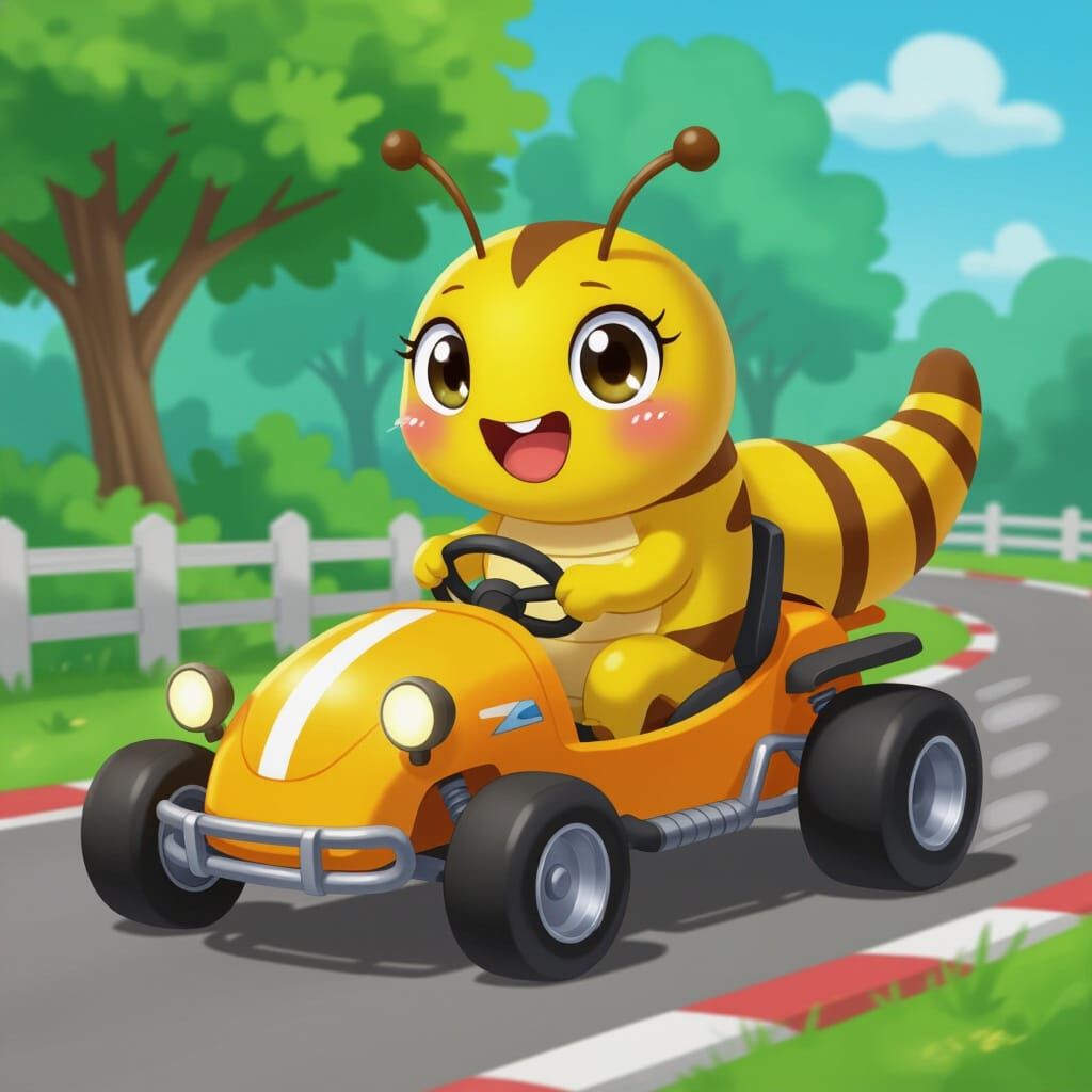 Excited Caterpillar Driving Go-Cart in Kawaii Anime Style