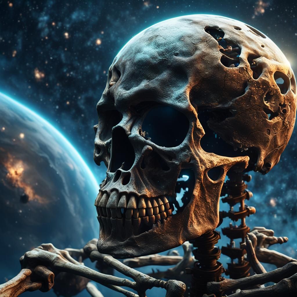 Skeleton Head Drifting Through Galaxy: 3D Game Art