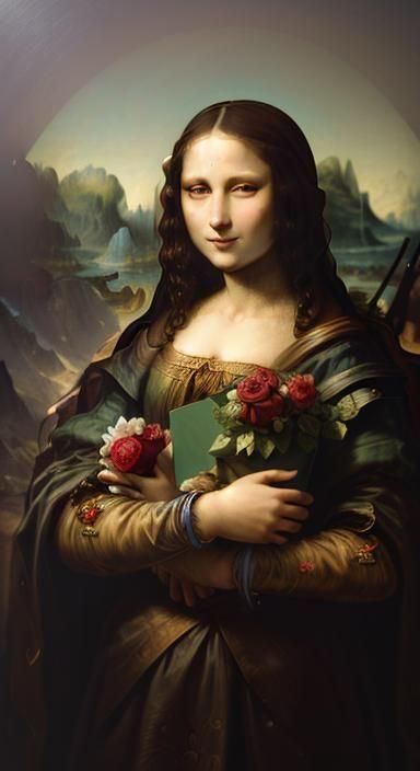 Mona Lisa Holding Roses & Box Of Chocolates