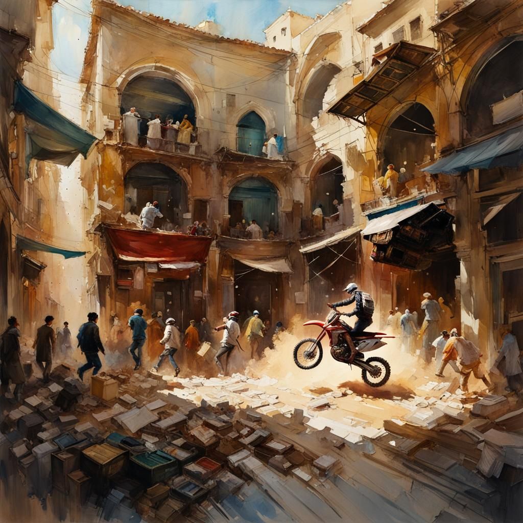 Dirt Bike Roost Stunt in Turkish Bazaar, Watercolor Style