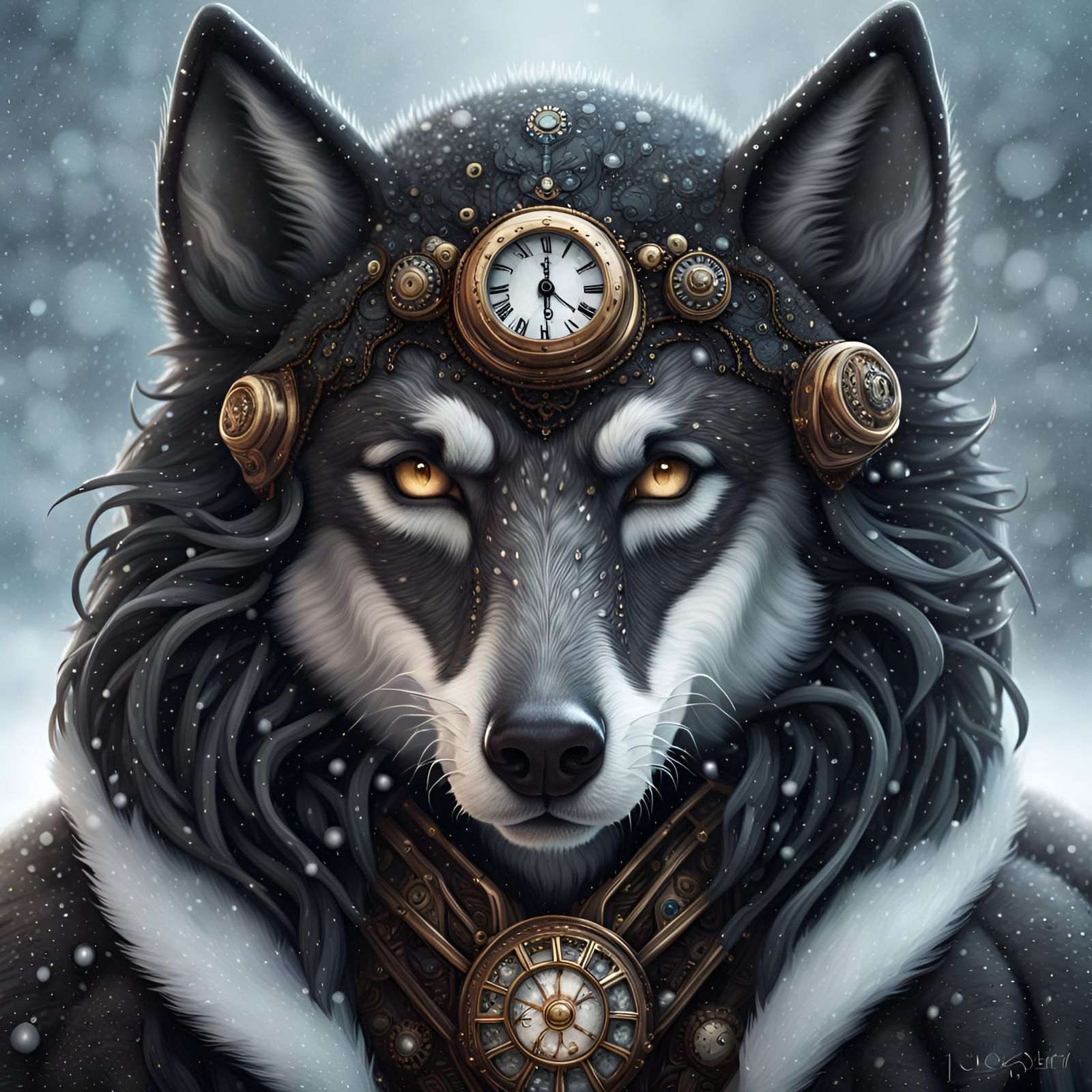 Steampunk Wolf Portrait in Snowy Landscape