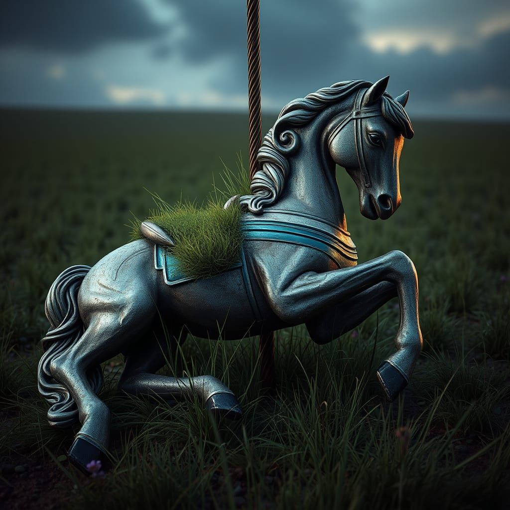 Abandoned Carousel Steed Overgrown with Vines in a Verdant F...