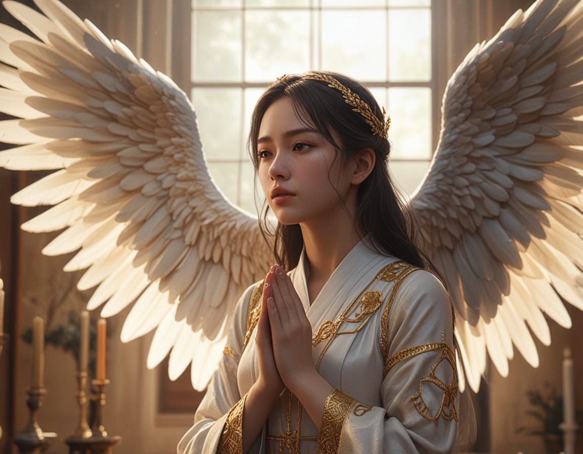 Anime Woman with Wings Praying: Concept Art