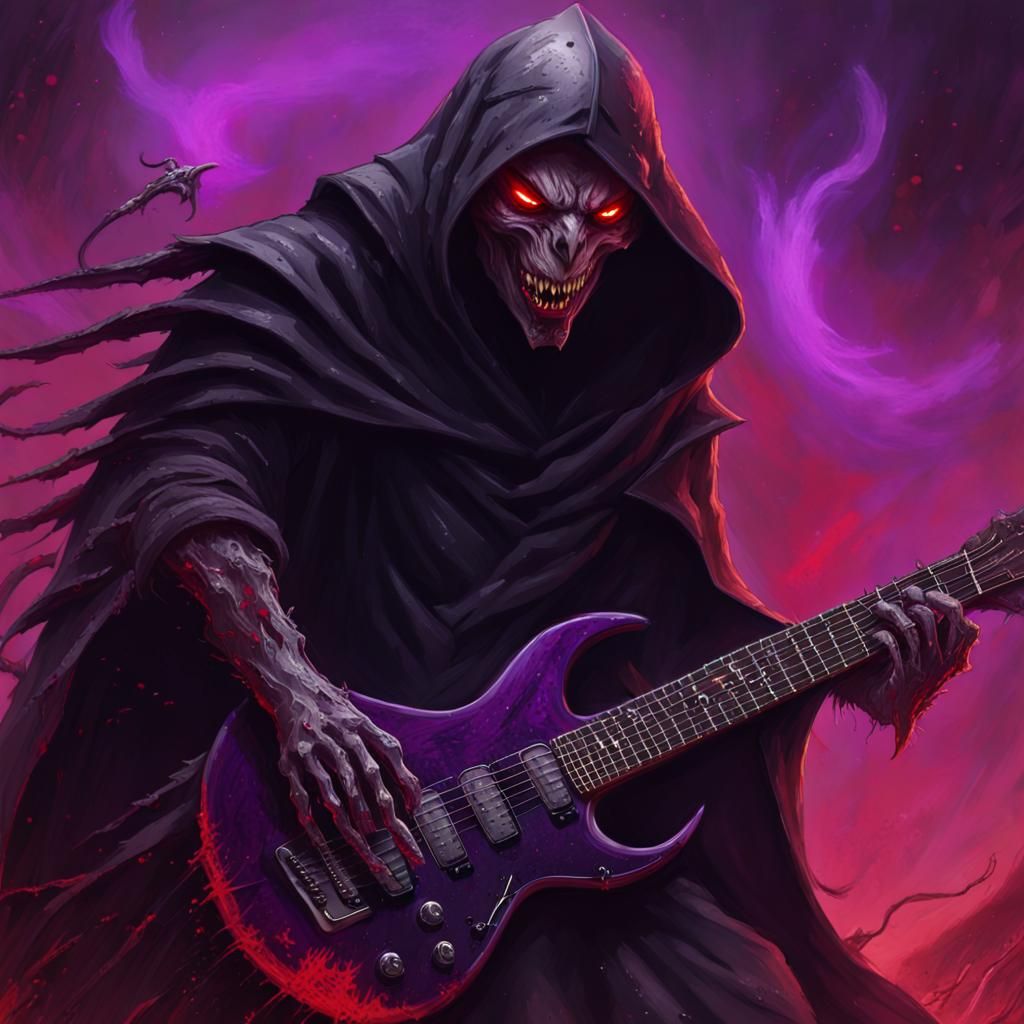 Hellish Grim Reaper Shreds Guitar in Sci-Fi Art