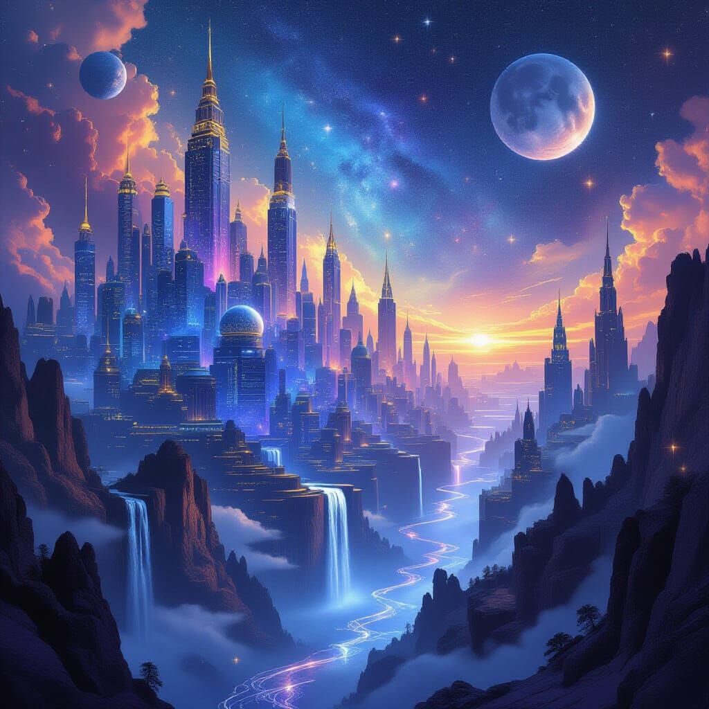 Celestial Cityscape of Constellations and Starlight