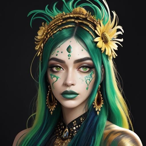 Abstract Expressionist Portrait: Golden Woman with Peacock F...