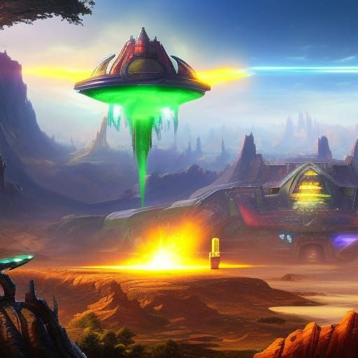 Adorable Green Alien Under UFO Beam