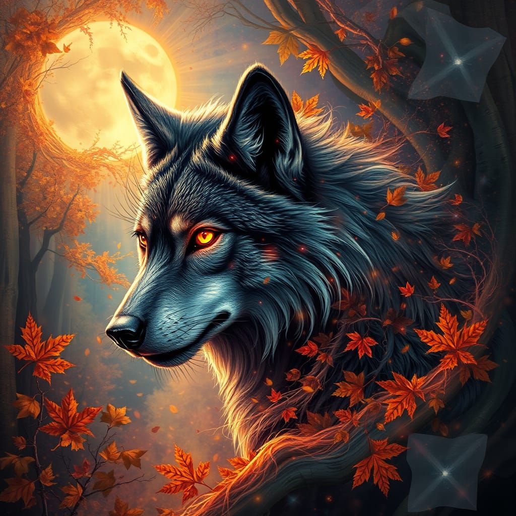 Astral Expressionist Wolf Amidst Autumn Magic