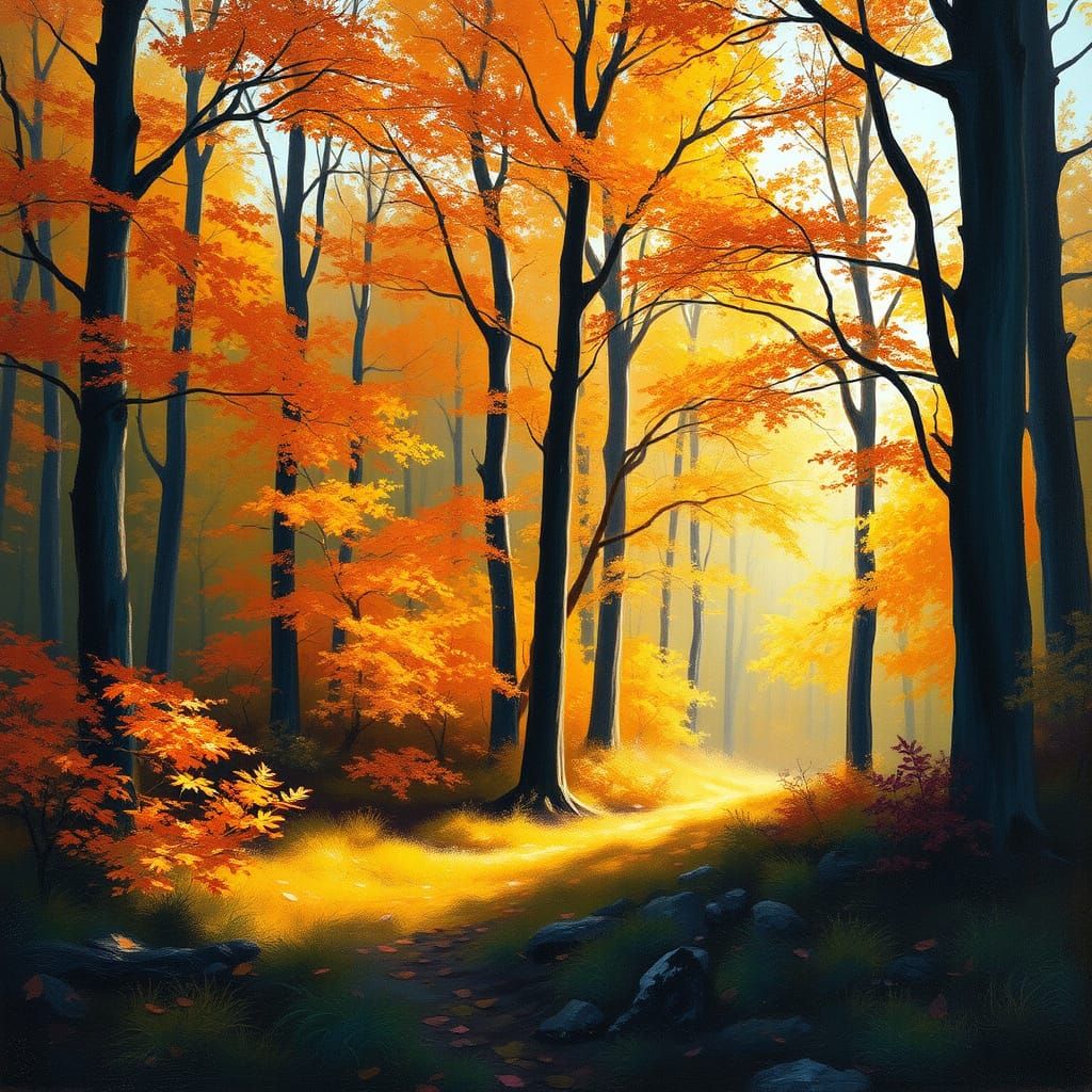 Golden Autumn Forest Clearing in Impressionistic Style