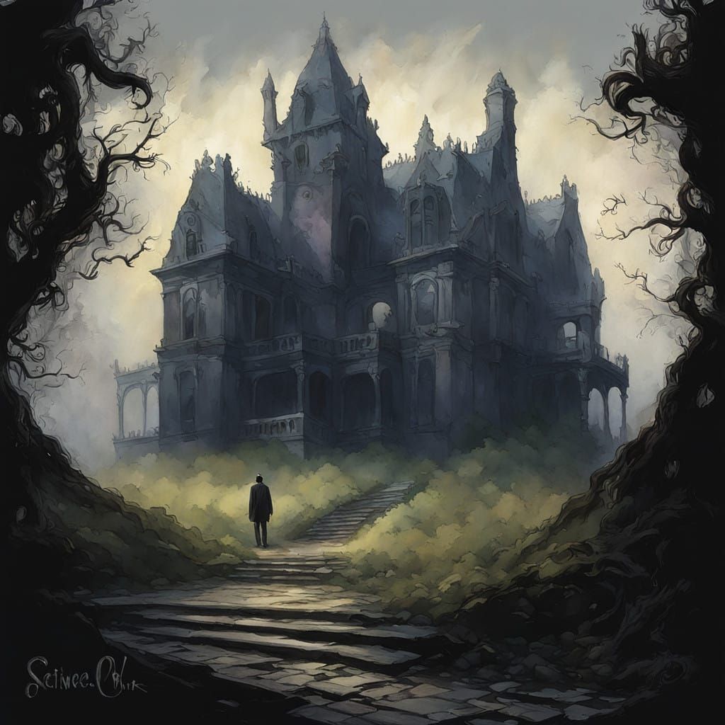 Mysterious Manor on a Misty Hillside in a Cyberpunk Aestheti...