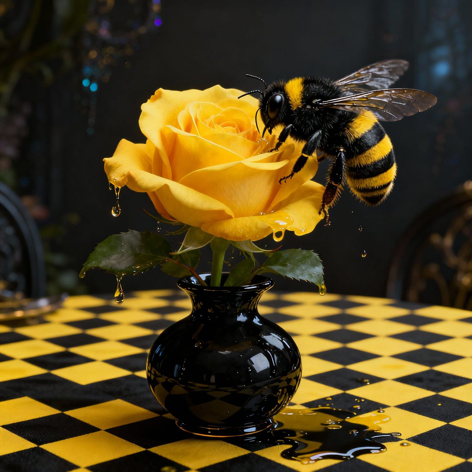 Macro Bumblebee on Yellow Rose in Black Vase