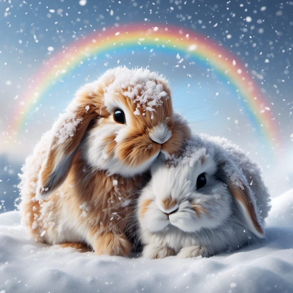 Realistic Baby Bunnies Cuddling in Snowy Landscape