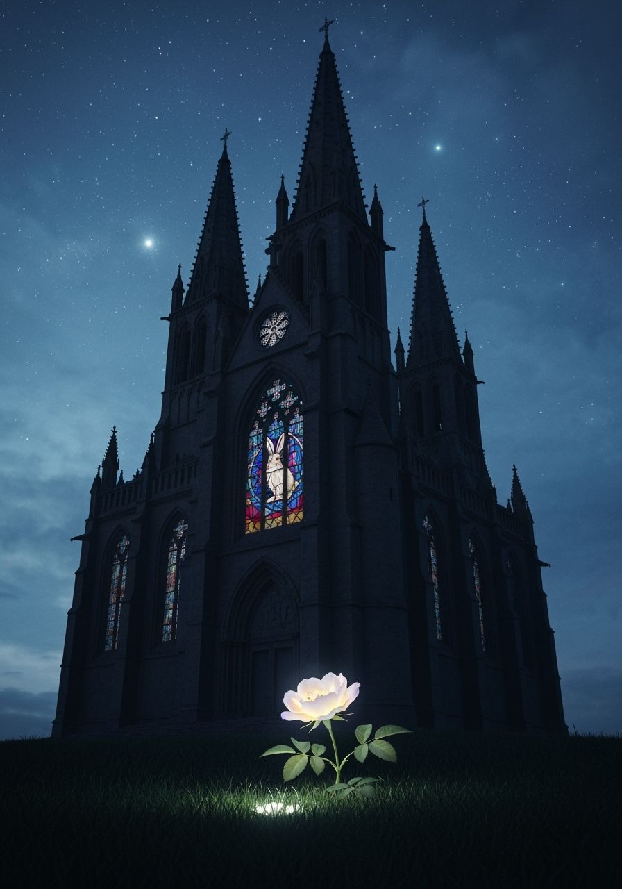 Gothic Cathedral Silhouette with Luminous Rose