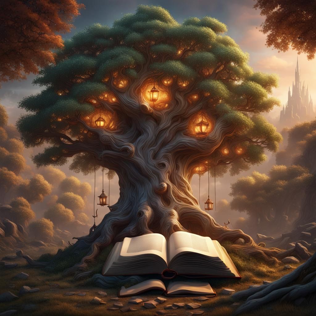 Fantastical Book Tree in Detailed Digital Painting