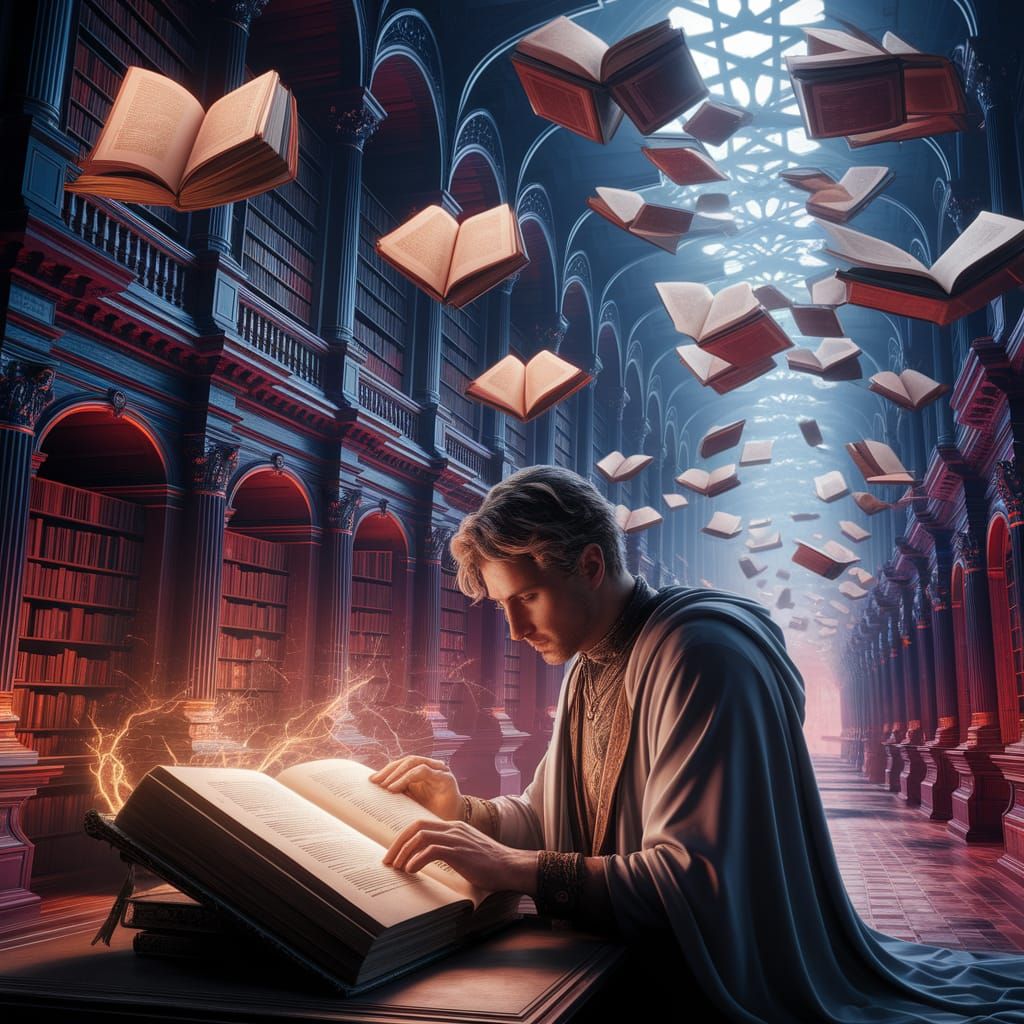 Mystical Library with Floating Books and Scholar