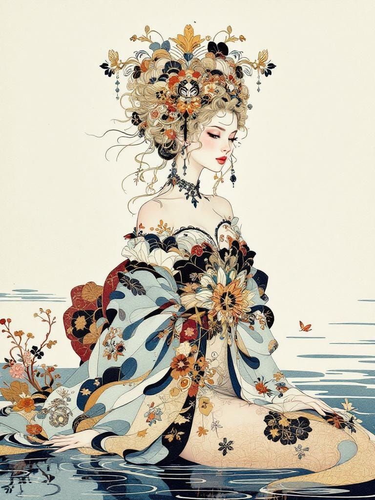 Nymph in Kimono Beside Lake, Japanese Art