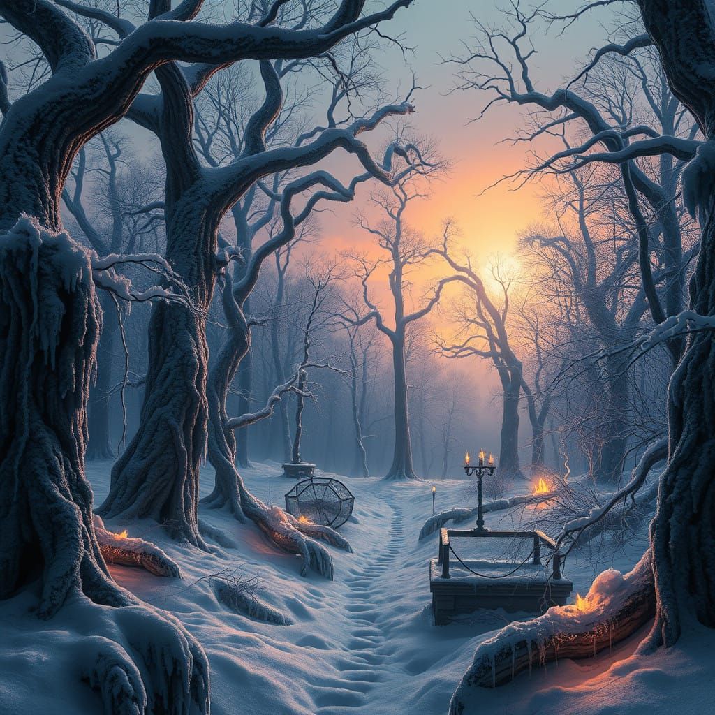 Mystical Winter Solstice Scene with Twisted, Glowing Trees