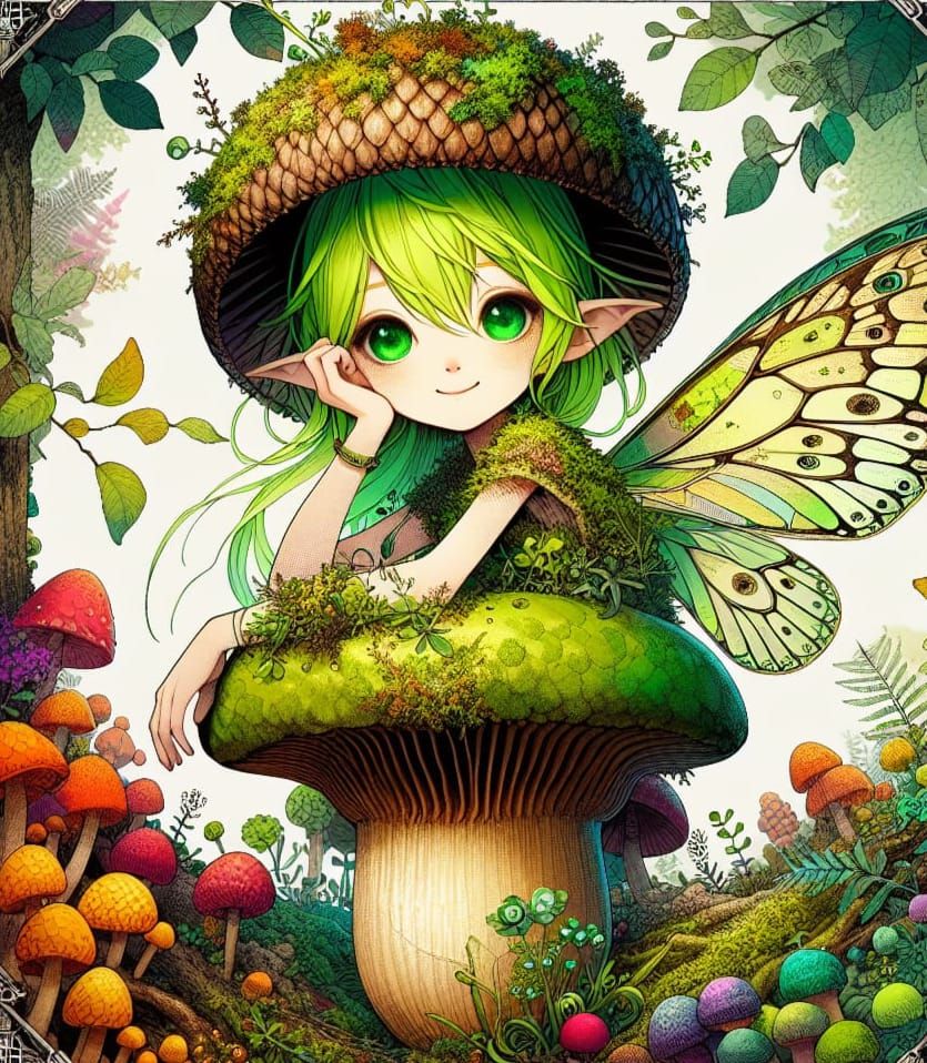 Anime Fairy Girl in Mossy Wonderland