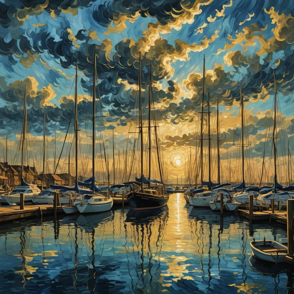 Golden Sky Over Marina: Van Gogh-Inspired Sailboats