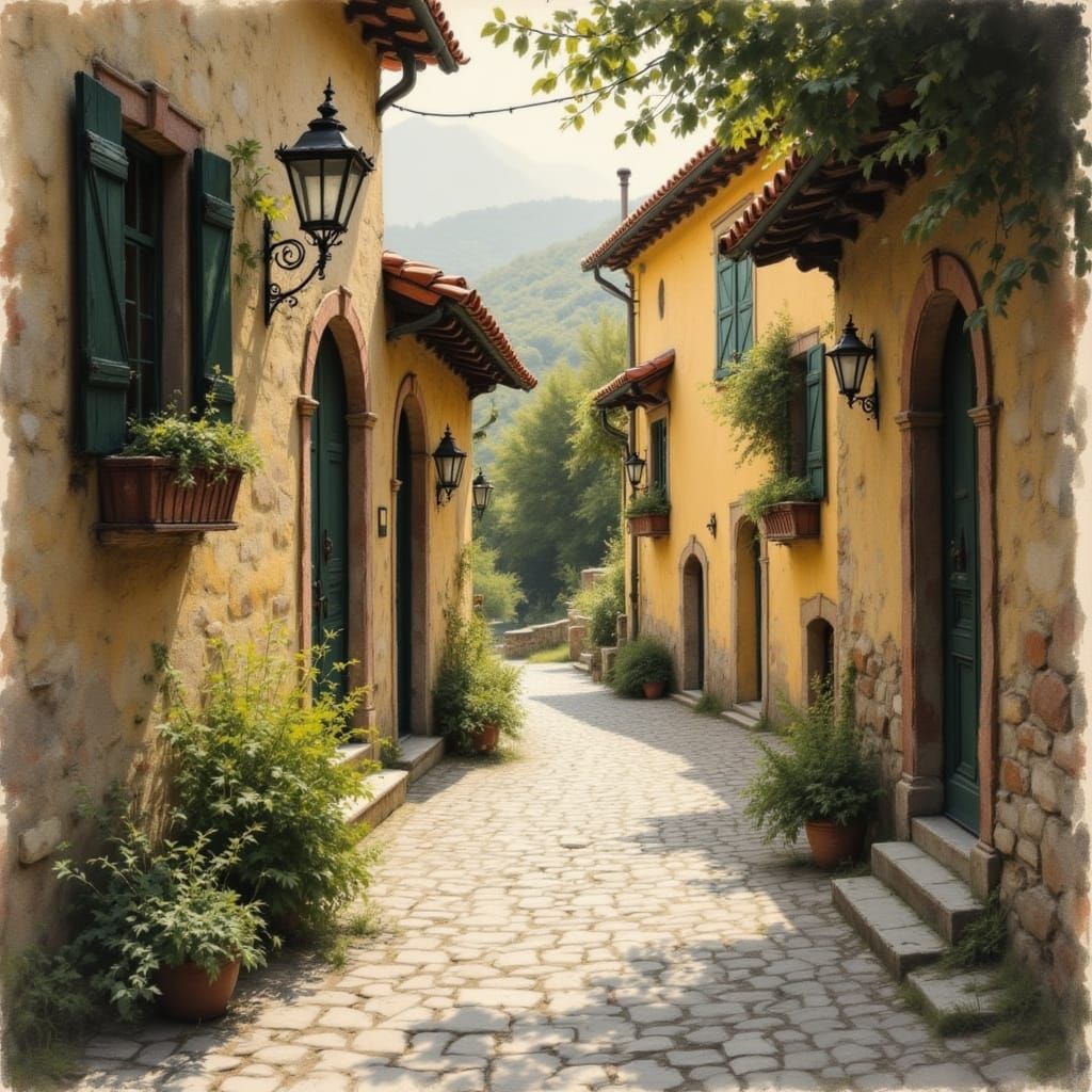 Serene Rural Village Scene in Soft-Focus Impressionist Style