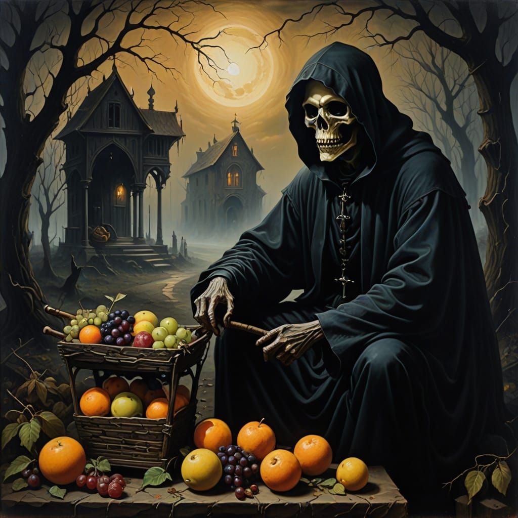 Melancholic Grim Reaper with Luminous Fruit