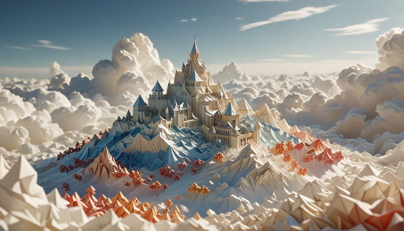 Origami Kingdom in Clouds - Papercraft Art