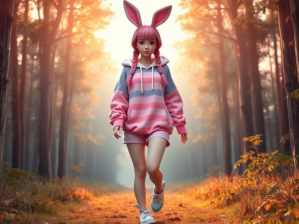 Woman with Pink Hair and Rabbit Ears in 3D Style